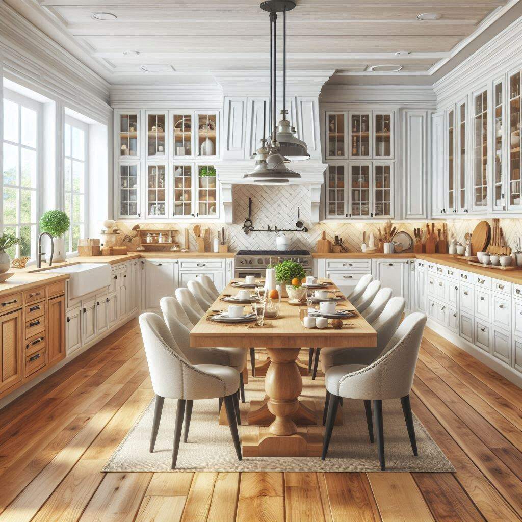 A kitchen having white and wood tone shaker style cabinets