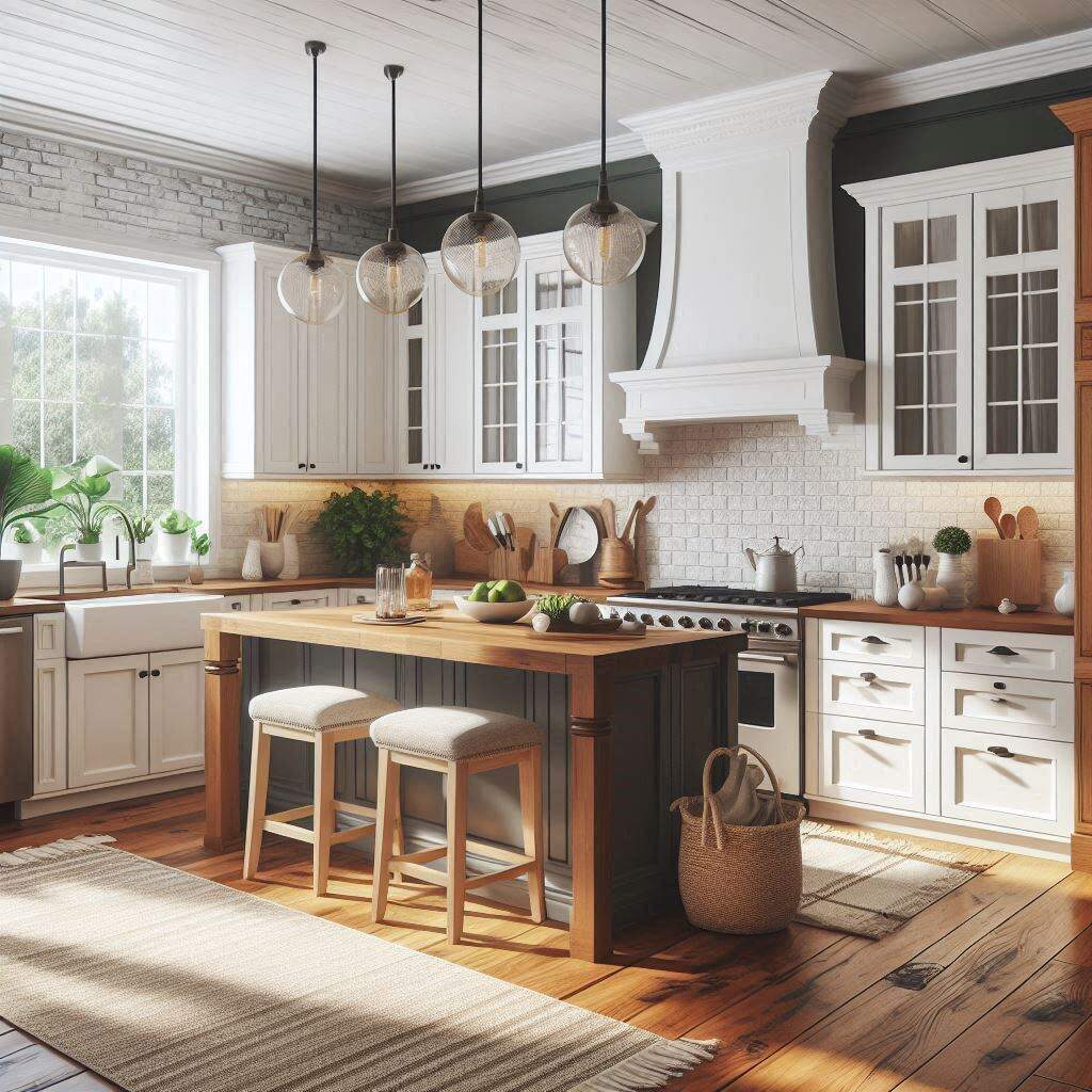 A kitchen having white and wood tone shaker style cabinets and wood flooring