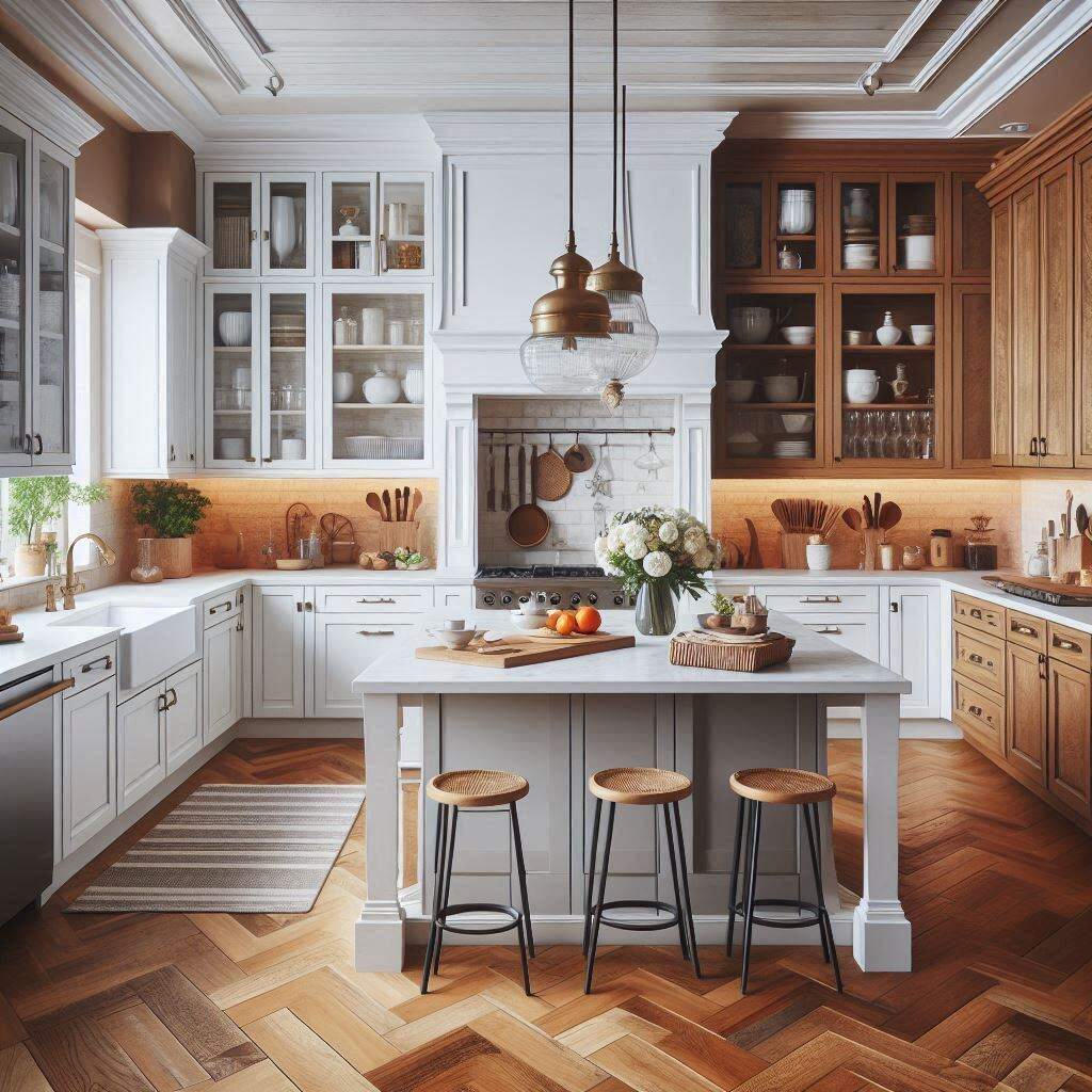 A kitchen having white and wood tone shaker style cabinets with white countertops