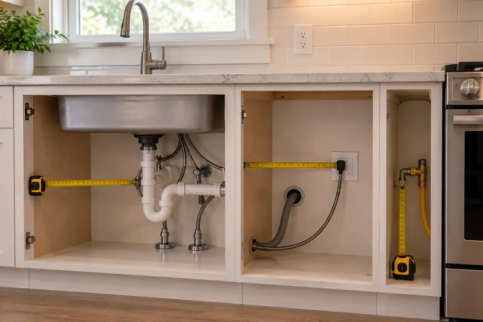 Measuring plumbing electrical and gas connections for kitchen cabinets