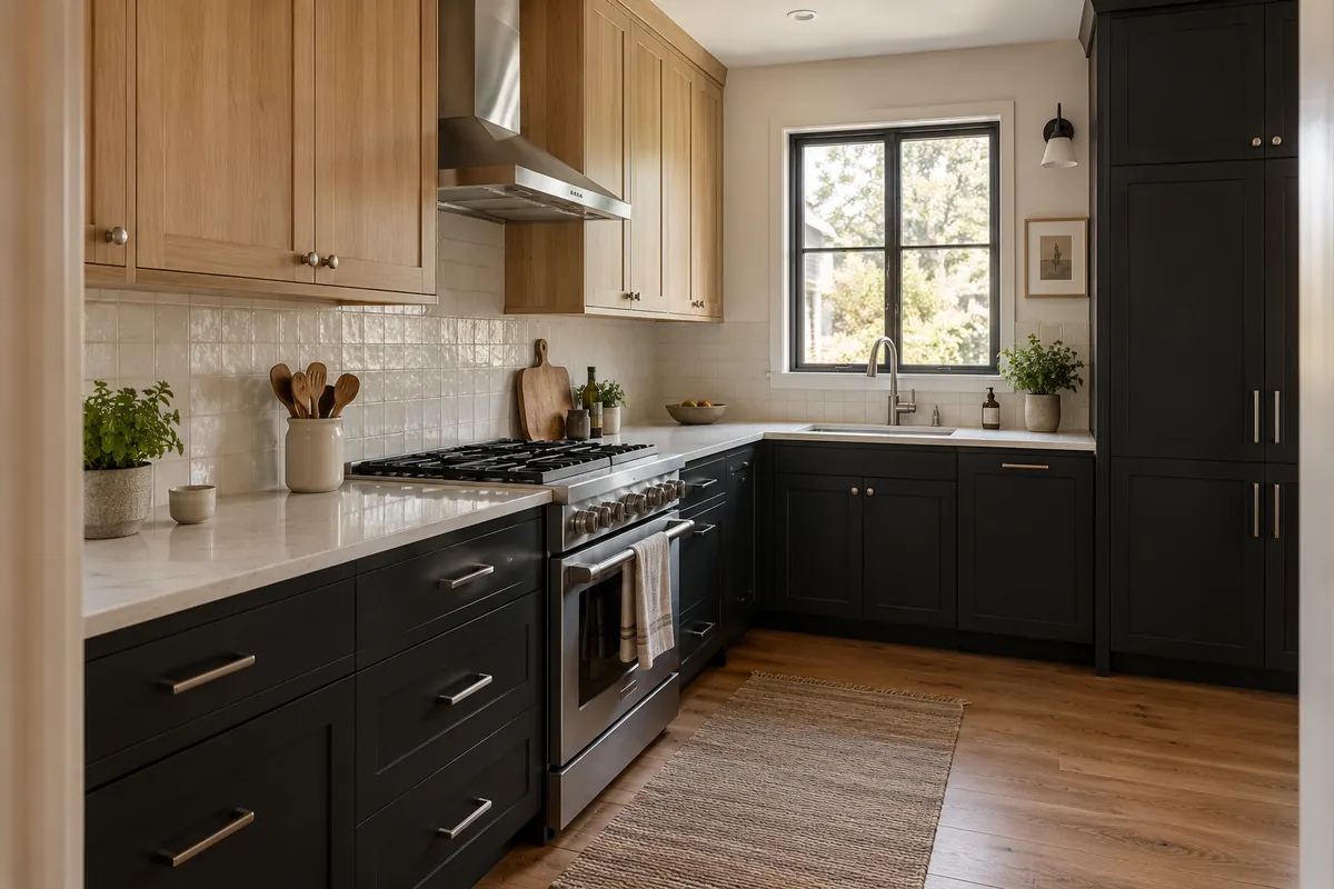 Black and wood cabinets